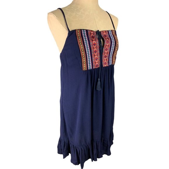 Small Way-In Clothing Company Women's Navy Blue Boho Sundress Spaghetti Strap Pu - Picture 1 of 8